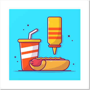 Hot Dog With Mustard And Soft Drink Cartoon Posters and Art